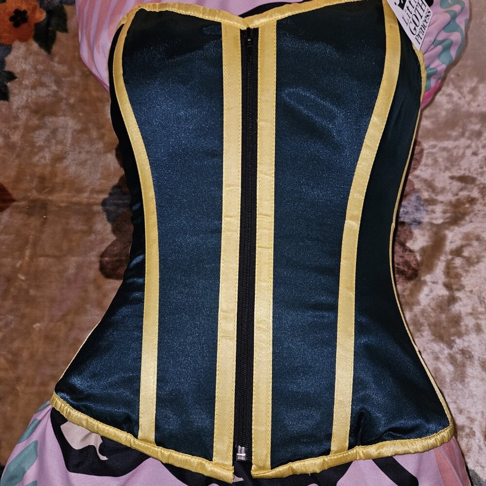 NWT LARGE/28" GREEN BAY ZIPPER SMOOTH SHAPING STEEL BONED CORSET GREEN/GOLD 1069